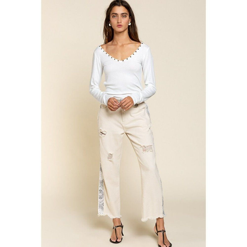 POL CLOTHING Long Sleeve Studded Henley Tee V Neck Ivory White New YKT155 Summer - Picture 6 of 8